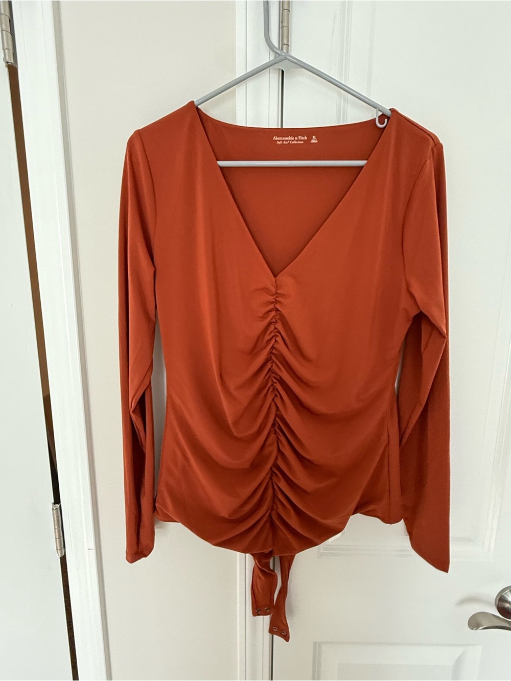 Abercrombie & Fitch Rust Ruched V-Neck Long Sleeve Bodysuit